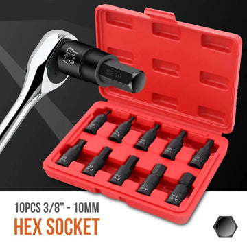 Hi-Spec 10PC 3/8" Drive Socket Set H3-14/T20-60/M4-16 with Red Case, Professional Torx/Hex/Spline Tool Kit for Auto Maintenance Apsilon