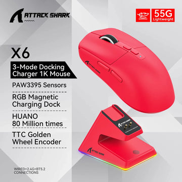 Attack Shark - Muis - PAW3395 Bluetooth Tri-Mode - RGB Touch Magnetische Oplader - Gaming - Voor Gamers - Model X6 Apsilon
