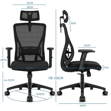 Durrafy - Ergonomische Kantoorstoel - Verstelbare Hoofdsteun - Armleuningen - Ergonomisch - Voor Professionals - Model Zwart Apsilon