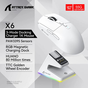 Attack Shark - Muis - PAW3395 Bluetooth Tri-Mode - RGB Touch Magnetische Oplader - Gaming - Voor Gamers - Model X6 Apsilon