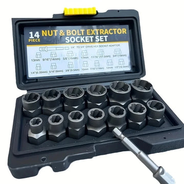 14 Pieces Impact Bolt & Nut Remover Set Cr-Mo Steel Bolt Extractor Tool Set with Solid Storage Case for Industrial Drop Shipping Apsilon