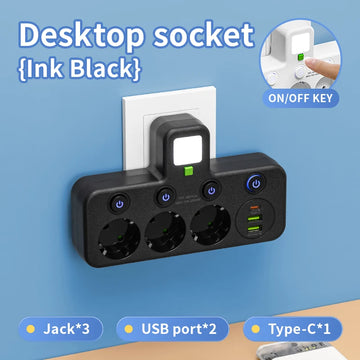 EU plug and socket 4 sockets, multi plug wall power plug and socket without extension cable or USB and Type-C port Apsilon