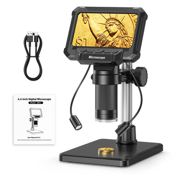 Digital Microscope with 4.3inch IPS Screen 1600X Coin Mirroscope with Lights 1920P HD Video Microscope for PCB, Coins, Plants Apsilon