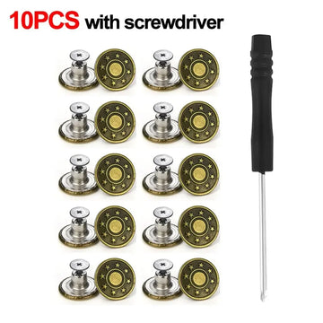 10Pcs Metal Jeans Buttons 17mm Replacement No-Sewing Screw Button Repair Kit Nailless Removable Jean Buckles Clothing Pants Pins Apsilon