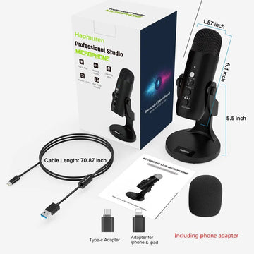 Haomuren - USB Microfoon - Condenser - Real-time Geluid - Noise Annulering - Opname - Voor Gamers en Podcasters - Model 2023 Apsilon