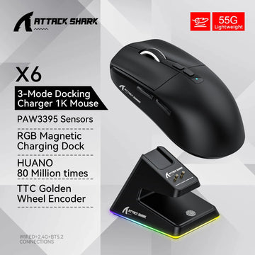 Attack Shark - Muis - PAW3395 Bluetooth Tri-Mode - RGB Touch Magnetische Oplader - Gaming - Voor Gamers - Model X6 Apsilon