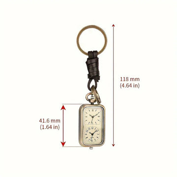 Brons - Sleutelhanger Zakhorloge - Vierkant Retro - Dubbele Tijd - Antiek - Voor Verzamelaars Apsilon