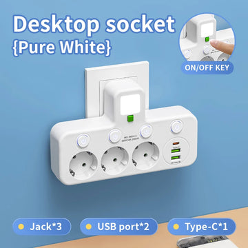 EU plug and socket 4 sockets, multi plug wall power plug and socket without extension cable or USB and Type-C port Apsilon
