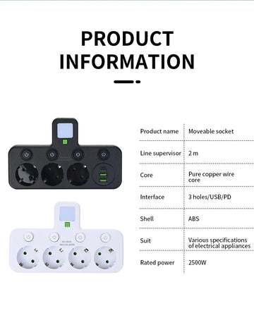 EU plug and socket 4 sockets, multi plug wall power plug and socket without extension cable or USB and Type-C port Apsilon