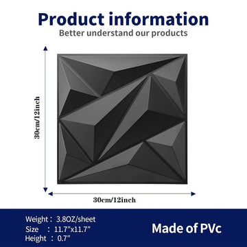 Diamond Serie - 3D Wandpaneel - Diamant Design - Vuurvast - Decoratie - Voor DIY - Model 30x30cm Mat Wit/Zwart Apsilon