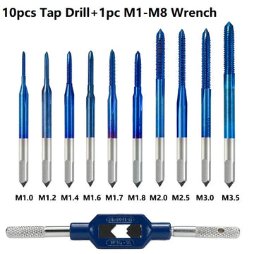XCAN Thread Tap 10pcs M1-M3.5 HSS Metric Plug Tap Screw Tap Drill with Adjustable Tap Wrench Nano Blue Coated Machine Tap Apsilon
