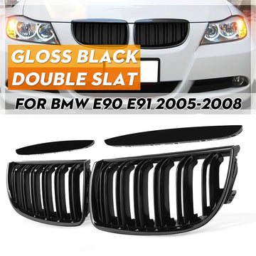 BMW Serie - Nierenrooster - Glanzend Zwart - Dubbele Spijlen - Racing Grill - Voor BMW E90 E91 - Model E90 E91 Pre-Facelift 2005-2008 Apsilon