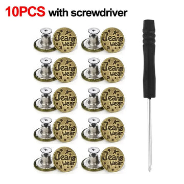 10Pcs Metal Jeans Buttons 17mm Replacement No-Sewing Screw Button Repair Kit Nailless Removable Jean Buckles Clothing Pants Pins Apsilon