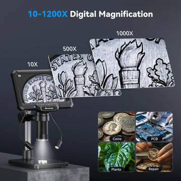 7inch Digital Microscope 1200X Magnification for Coin PCB Circuit Repair 16MP HD Soldering Microscope with Lights, PC View Apsilon