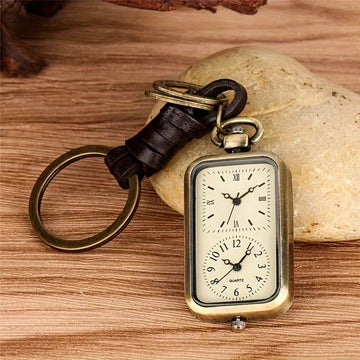 Brons - Sleutelhanger Zakhorloge - Vierkant Retro - Dubbele Tijd - Antiek - Voor Verzamelaars Apsilon