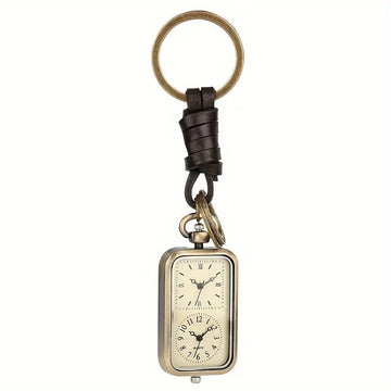Brons - Sleutelhanger Zakhorloge - Vierkant Retro - Dubbele Tijd - Antiek - Voor Verzamelaars Apsilon