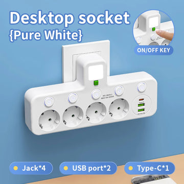 EU plug and socket 4 sockets, multi plug wall power plug and socket without extension cable or USB and Type-C port Apsilon