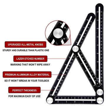 Professional Serie - Multi-Hoek Meetliniaal - Metalen Knoppen - Laser Markeringen - Aluminium Tool - Voor DIY-Gebruikers - Model 25cm Apsilon