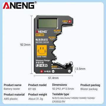 ANENG - Batterijtester - LCD Display - Universeel - Detector - Voor Huishoudelijk Gebruik - Model BT189 Apsilon