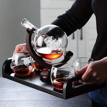 Creatieve Globe - Decanter Set - Loodvrij Karaf - Houten Stand - Whisky - Voor Whisky Liefhebbers - Model Globe Apsilon