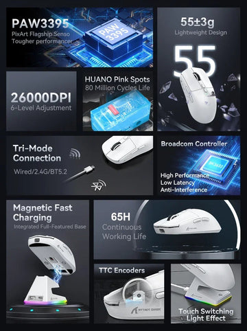 Attack Shark - Muis - PAW3395 Bluetooth Tri-Mode - RGB Touch Magnetische Oplader - Gaming - Voor Gamers - Model X6 Apsilon