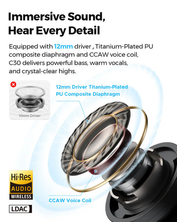 SOUNDPEATS C30 Wireless Earphones -52dB Hybrid ANC Bluetooth 6.0 Headphones Hi-Res LDAC Audio, 6 Mics ENC, Fast Charge, IP54 Apsilon