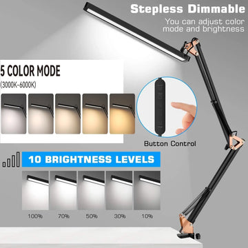 LED Desk Lamp Long Arm Foldable Clamp Adjustable Eye Caring Light with 3 Color Modes Dimmable for Reading Study and Office Work Apsilon