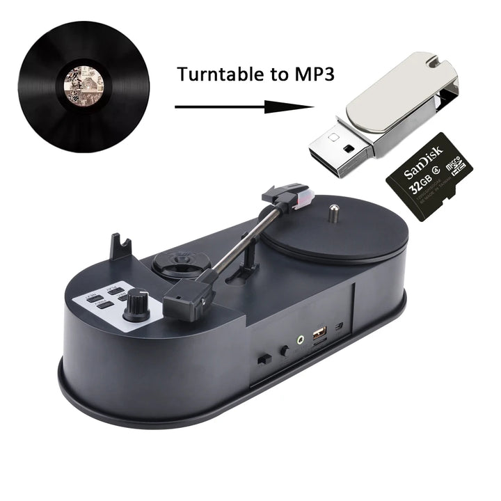 Portable Phonograph 33/45RPM Turntable Player Converter Save Vinyl Music Records to MP3 TF Card/USB Built in Speaker No Need PC
