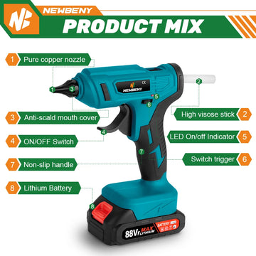 NEWBENY 100W 280°C Cordless Hot Melt Glue Gun Portable Rechargeable with Glue Sticks DIY Repair Tool For Makita 18V Battery Pin Apsilon