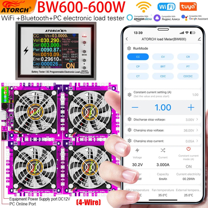 BW600 DC1-200V WiFi Tuya Electronic Load Indicator Battery Tester 18650 Pack Capacity Monitor Checker USB Charging Tools 50A Apsilon