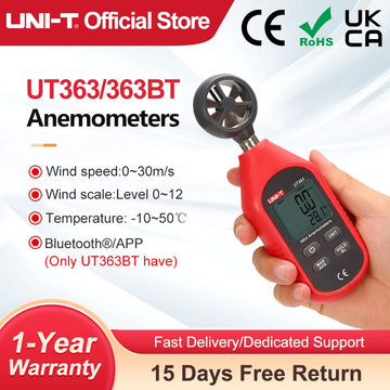 UNI-T Anemometer UT363 UT363BT Wind Speed Meter 0~30m/s Air Speedometer Digital Temperature Meter Wind Speed Measurement Apsilon