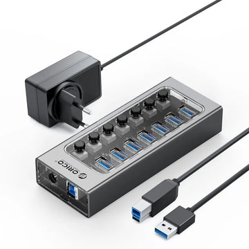 ORICO USB3.0 Hub Aluminum Industrial 7-Port Splitter Split Switch with 12v Power Adapter for Macbook Mobile Phone Tablets Apsilon