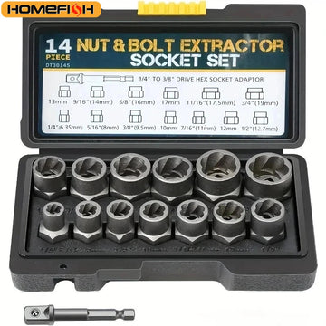 14 Pieces Impact Bolt & Nut Remover Set Cr-Mo Steel Bolt Extractor Tool Set with Solid Storage Case for Industrial Drop Shipping Apsilon
