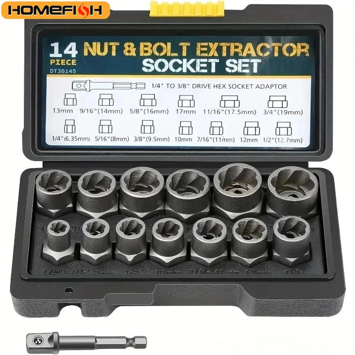 14 Pieces Impact Bolt & Nut Remover Set Cr-Mo Steel Bolt Extractor Tool Set with Solid Storage Case for Industrial Drop Shipping Apsilon