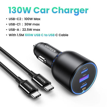 UGREEN 130W USB C Car Charger For Xiaomi iPhone 17 Samsung Galaxy S25 Laptops Tabet PD3.0 Fast Charging USB Type C Car Charger Apsilon