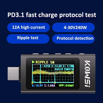 KWS-X1 4V-30V 12A Type C Tester Voltmeter Ammeter TYPE-C Fast Charge Detection Trigger Capacity Measurement Ripple Measurement Apsilon