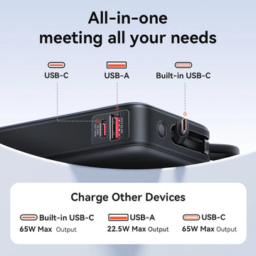 Vention 65W Power Bank 20000mAh Built-in USB-C Cable Portable Powerbank for Laptop PD Fast Charger for iPhone 17 Samsung S25 S24 Apsilon