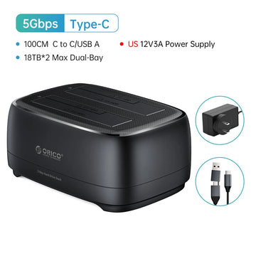 ORICO Dual-bay Hard Drive Station USB3.0 5Gbps Type-C HDD Docking Station  with 12V 3A Power Adapter  for 2.5/3.5 Inch HDD/SSD Apsilon