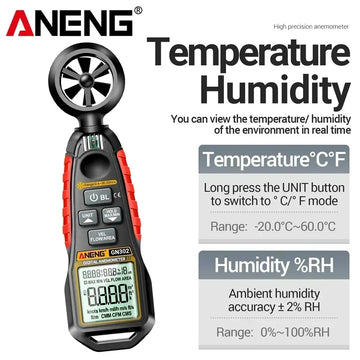 Digital Anemometer 0.4~30m/s ANENG GN302 Handheld Wind Speed Meter Humidity Air Velocity Airflow -20°C ~ 60°C Temperature Test Apsilon