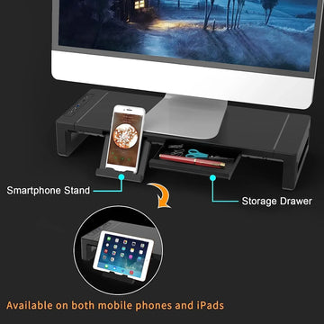 Monitor Stand Riser, With Foldable, Height Adjustable Computer Stand, Desk Shelf Riser with Storage Drawer &Tablet Phone Apsilon