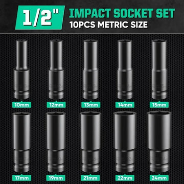 1/2Inch Drive 6-Point Impact Socket Set 10-Piece Metric Sizes 8-24m/10-24mm Carbon Steel Impact Socket Set with Hard Storage Box Apsilon