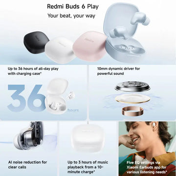 Xiaomi Redmi Buds 6 Play Wireless Bluetooth Earphone, Touch Control Wireless Earphone, AI Noise Reduction, 5 EQ Modes BT5.4 Apsilon