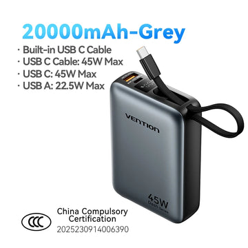 Vention CCC 45W 20000mAh Power Bank Fast Charging Portable Charger for Xiaomi iPhone Pro Max Samsung Galaxy Battery 3C Powerbank Apsilon
