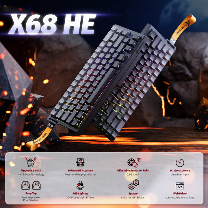 ATTACK SHARK X68 HE Rapid Trigger 8KHz Magnetic Keyboard, 0.01mm RT Accuracy, 60% Layout, RGB, Support RT/Snap Tap/DKS/MT/TGL