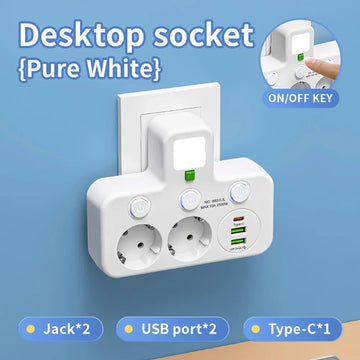 EU plug and socket 4 sockets, multi plug wall power plug and socket without extension cable or USB and Type-C port Apsilon