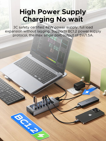 ORICO USB3.0 Hub Aluminum Industrial 7-Port Splitter Split Switch with 12v Power Adapter for Macbook Mobile Phone Tablets Apsilon