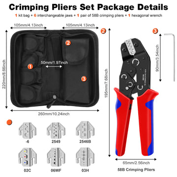 SN-58B 6Jaws Crimping Tool Kit For Dupont JST MOLEX Terminals,No/Pre Insulated Ferrules,Butt Connectors,Solar & Coax Connectors Apsilon