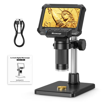 Digital Microscope with 4.3inch IPS Screen 1600X Coin Mirroscope with Lights 1920P HD Video Microscope for PCB, Coins, Plants Apsilon