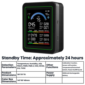 10-in-1 Air Quality Monitor Carbon Dioxide Monitor Formaldehyde Detector Temperature and Humidity Monitor 1PC Apsilon