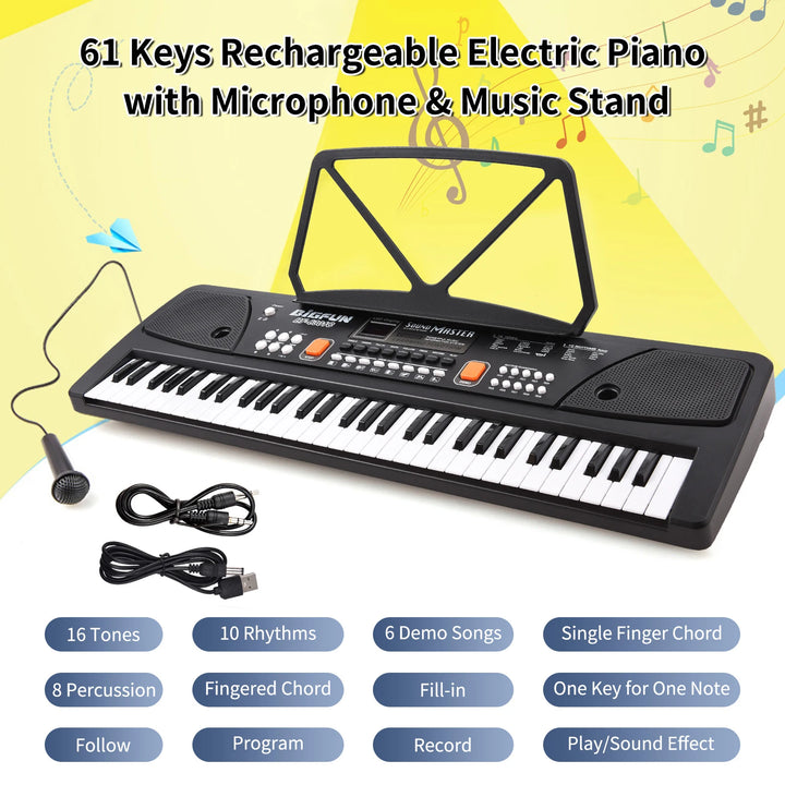 BIGFUN 61 Keys Electric Piano Dual Stereo Speakers Kids Electronic Organ with Microphone and Music Stand Electronic Keyboard